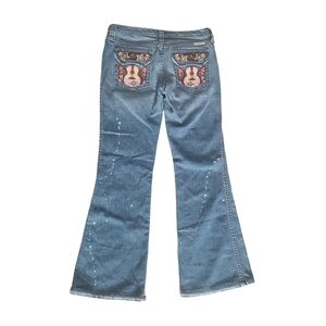 Frankie B. Jeans Women's 8 Embroidered Guitar Flare Bleach Splatter